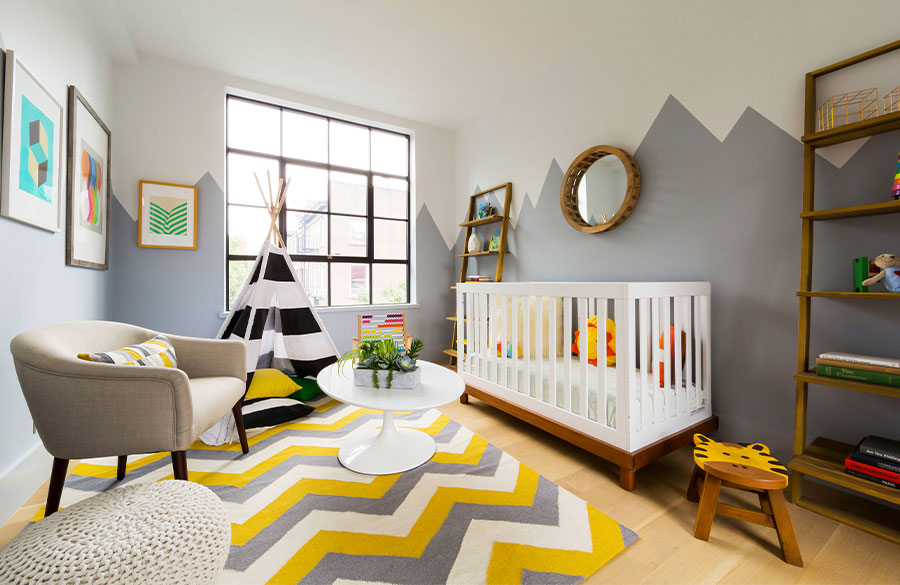 دکوراسیون اتاق کودک با تم رنگی زرد و سفید