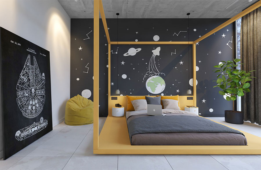 دکوراسیون اتاق خواب کودک با طرح کهکشان